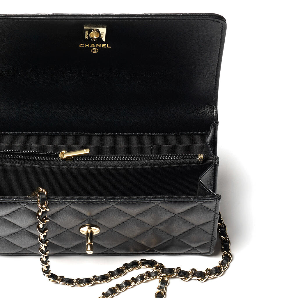 Ch*el clutch with chain lambskin, strass & gold-tone metal black ap4831 (18.5*11*6cm)